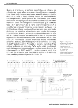 . Edifícios solares fotovoltaicos no Brasil .
Ricardo Rüther
49
Quanto à orientação, a fachada escolhida para integrar os
módulos, de modo a formarem parte da edificação, é bastante
ideal, já que está orientada para o norte geográfico, com um desvio
de 6o
para o leste (o sol da manhã). Perdas por sombreamento
são desprezíveis, visto que não há obstruções por outras
edificações ou vegetação ao redor e que todos os módulos estão
montados sobre o mesmo plano, com inclinação igual à latitude
local (~27o
, para maximizar a oferta solar em regime anual) e
constituindo uma superfície única como mostram as figuras 18 a
20. O sistema utiliza a configuração em paralelo para a conexão
de todos os módulos fotovoltaicos aos quatro inversores
independentes. Apesar de o sistema apresentar uma superfície
única contendo todos os 68 módulos fotovoltaicos, no projeto foi
especificada a subdivisão em quatro subsistemas, de ~500Wp
cada um, conectados a quatro inversores de alto rendimento
(eficiência de 93%, comutados pela rede e com onda senoidal)
de 650W cada (figura 21). A injeção de corrente na rede elétrica
pública se baseia em operação PWM (pulse width modulated)
controlada por microprocessadores e rastreamento do ponto de
máxima potência (PMP ou MPP - maximum power point) dos
módulos fotovoltaicos, que desconecta o sistema à noite por
meio de relés para evitar perdas em stand by.
Figura 17:Figura 17:Figura 17:Figura 17:Figura 17: Diagrama
esquemático do sistema
solar fotovoltaico de
2kWp integrado ao
prédio do Departamento
de Engenharia
Mecânica da
Universidade Federal de
Santa Catarina/UFSC.
16 painéis a-Si:H opacos
20 painéis a-Si:H (6 opacos,
14 semitransparentes)
CAIXA
CA
CAIXA
CC
COLETA DE
DADOS DOS
SENSORES
sensor radiação plano horizontal
sensor radiação plano painéis
sensor temperatura painéis
sensor temperatura ambiente
- +
~
CONEXÃO À REDE
220 V / 60 Hz
CONVERSORES
CC/CA
PC
IMPRESSORA
- +
~
- +
~
- +
~
caixa de
conexão
dos painéis
caixa de
conexão
dos painéis
caixa de
conexão
dos painéis
caixa de
conexão
dos painéis
Sistema corta conexão
caso haja queda de
tensão da rede.
16 painéis a-Si:H opacos16 painéis a-Si:H opacos
 