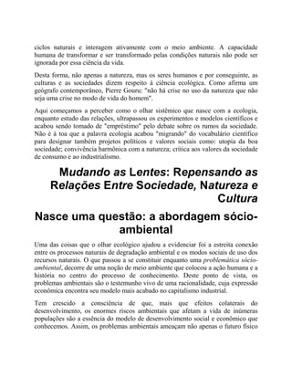ciclos naturais e interagem ativamente com o meio ambiente. A capacidade
humana de transformar e ser transformado pelas condições naturais não pode ser
ignorada por essa ciência da vida.
Desta forma, não apenas a natureza, mas os seres humanos e por conseguinte, as
culturas e as sociedades dizem respeito à ciência ecológica. Como afirma um
geógrafo contemporâneo, Pierre Gouru: "não há crise no uso da natureza que não
seja uma crise no modo de vida do homem".
Aqui começamos a perceber como o olhar sistêmico que nasce com a ecologia,
enquanto estudo das relações, ultrapassou os experimentos e modelos científicos e
acabou sendo tomado de "empréstimo" pelo debate sobre os rumos da sociedade.
Não é à toa que a palavra ecologia acabou "migrando" do vocabulário científico
para designar também projetos políticos e valores sociais como: utopia da boa
sociedade; convivência harmônica com a natureza; crítica aos valores da sociedade
de consumo e ao industrialismo.
Mudando as Lentes: Repensando as
Relações Entre Sociedade, Natureza e
Cultura
Nasce uma questão: a abordagem sócio-
ambiental
Uma das coisas que o olhar ecológico ajudou a evidenciar foi a estreita conexão
entre os processos naturais de degradação ambiental e os modos sociais de uso dos
recursos naturais. O que passou a se constituir enquanto uma problemática sócio-
ambiental, decorre de uma noção de meio ambiente que colocou a ação humana e a
história no centro do processo de conhecimento. Deste ponto de vista, os
problemas ambientais são o testemunho vivo de uma racionalidade, cuja expressão
econômica encontra seu modelo mais acabado no capitalismo industrial.
Tem crescido a consciência de que, mais que efeitos colaterais do
desenvolvimento, os enormes riscos ambientais que afetam a vida de inúmeras
populações são a essência do modelo de desenvolvimento social e econômico que
conhecemos. Assim, os problemas ambientais ameaçam não apenas o futuro físico
 
