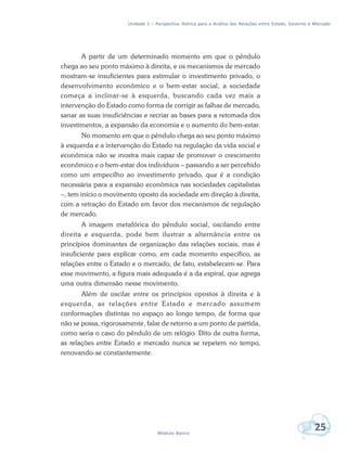 Unidade 1 – Perspectiva Teórica para a Análise das Relações entre Estado, Governo e Mercado
25Módulo Básico
A partir de um determinado momento em que o pêndulo
chega ao seu ponto máximo à direita, e os mecanismos de mercado
mostram-se insuficientes para estimular o investimento privado, o
desenvolvimento econômico e o bem-estar social, a sociedade
começa a inclinar-se à esquerda, buscando cada vez mais a
intervenção do Estado como forma de corrigir as falhas de mercado,
sanar as suas insuficiências e recriar as bases para a retomada dos
investimentos, a expansão da economia e o aumento do bem-estar.
No momento em que o pêndulo chega ao seu ponto máximo
à esquerda e a intervenção do Estado na regulação da vida social e
econômica não se mostra mais capaz de promover o crescimento
econômico e o bem-estar dos indivíduos – passando a ser percebido
como um empecilho ao investimento privado, que é a condição
necessária para a expansão econômica nas sociedades capitalistas
–, tem início o movimento oposto da sociedade em direção à direita,
com a retração do Estado em favor dos mecanismos de regulação
de mercado.
A imagem metafórica do pêndulo social, oscilando entre
direita e esquerda, pode bem ilustrar a alternância entre os
princípios dominantes de organização das relações sociais, mas é
insuficiente para explicar como, em cada momento específico, as
relações entre o Estado e o mercado, de fato, estabelecem-se. Para
esse movimento, a figura mais adequada é a da espiral, que agrega
uma outra dimensão nesse movimento.
Além de oscilar entre os princípios opostos à direita e à
esquerda, as relações entre Estado e mercado assumem
conformações distintas no espaço ao longo tempo, de forma que
não se possa, rigorosamente, falar de retorno a um ponto de partida,
como seria o caso do pêndulo de um relógio. Dito de outra forma,
as relações entre Estado e mercado nunca se repetem no tempo,
renovando-se constantemente.
 