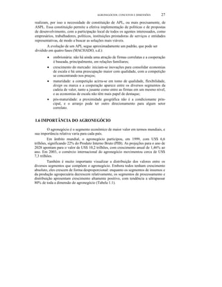 AGRONEGÓCIOS: CONCEITOS E DIMENSÕES

27

realizam, por isso a necessidade de constituição de APL, ou mais precisamente, de
ASPL. Essa constituição permite a efetiva implementação de políticas e de propostas
de desenvolvimento, com a participação local de todos os agentes interessados, como
empresários, trabalhadores, políticos, instituições prestadoras de serviços e entidades
representativas, de modo a buscar as soluções mais viáveis.
A evolução de um APL segue aproximadamente um padrão, que pode ser
dividido em quatro fases (MACHADO, s.d.):
•
•

•

•

embrionária: não há ainda uma atração de firmas correlatas e a cooperação
é baseada, principalmente, em relações familiares;
crescimento do mercado: iniciam-se inovações para consolidar economias
de escala e há uma preocupação maior com qualidade, com a competição
se concentrando nos preços;
maturidade: a competição acirra-se em tomo de qualidade, flexibilidade,
design ou marca e a cooperação aparece entre os diversos segmentos da
cadeia de valor, tanto a jusante como entre as firmas em um mesmo nível,
e as economias de escala não têm mais papel de destaque;
pós-maturidade: a proximidade geográfica não é a condicionante principal, e o arranjo pode ter outro direcionamento para algum setor
correlato.

1.6 IMPORTÂNCIA DO AGRONEGÓCIO
O agronegócio é o segmento econômico de maior valor em termos mundiais, e
sua importância relativa varia para cada país.
Em âmbito mundial, o agronegócio participou, em 1999, com US$ 6,6
trilhões, significando 22% do Produto Interno Bruto (PIB). As projeções para o ano de
2028 apontam para o valor de US$ 10,2 trilhões, com crescimento anual de 1,46% ao
ano. Em 2003, o comércio internacional do agronegócio movimentou cerca de US$
7,3 trilhões.
Também é muito importante visualizar a distribuição dos valores entre os
diversos segmentos que compõem o agronegócio. Embora todos tenham crescimento
absoluto, eles crescem de forma desproporcional: enquanto os segmentos de insumos e
da produção agropecuária decrescem relativamente, os segmentos de processamento e
distribuição apresentam crescimento altamente positivo, com tendência a ultrapassar
80% de toda a dimensão do agronegócio (Tabela 1.1).

 