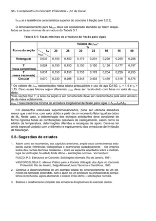 96 - Fundamentos do Concreto Protendido – J.B de Hanai
fctk,sup é a resistência característica superior do concreto à tração (ver 8.2.5).
O dimensionamento para Md,mín deve ser considerado atendido se forem respei-
tadas as taxas mínimas de armadura da Tabela 5.1.
Tabela 5.1- Taxas mínimas de armadura de flexão para vigas
Valores de ρmin*
%
Forma da seção fck
ωmín
20 25 30 35 40 45 50
Retangular 0,035 0,150 0,150 0,173 0,201 0,230 0,259 0,288
T
(mesa comprimida)
0,024 0,150 0,150 0,150 0,150 0,158 0,177 0,197
T
(mesa tracionada)
0,031 0,150 0,150 0,153 0,178 0,204 0,229 0,255
Circular 0,070 0,230 0,288 0,345 0,403 0,460 0,518 0,575
* Os valores de ρmin estabelecidos nesta tabela pressupõem o uso de aço CA-50, γc = 1,4 e γs =
1,15. Caso esses fatores sejam diferentes, ρmin deve ser recalculado com base no valor de ωmín
dado.
*Nas seções tipo T, a área da seção a ser considerada deve ser caracterizada pela alma acresci-
da da mesa colaborante.
ωmin = taxa mecânica mínima de armadura longitudinal de flexão para vigas = As,minfyd/Acfcd
Em elementos estruturais superdimensionados, pode ser utilizada armadura
menor que a mínima, com valor obtido a partir de um momento fletor igual ao dobro
de Md. Neste caso, a determinação dos esforços solicitantes deve considerar de
forma rigorosa todas as combinações possíveis de carregamento, assim como os
efeitos de temperatura, deformações diferidas e recalques de apoio. Deve-se ter
ainda especial cuidado com o diâmetro e espaçamento das armaduras de limitação
de fissuração.
5.8- Sugestões de estudos
1. Assim como se recomendou nos capítulos anteriores, amplie seus conhecimentos estu-
dando outras referências bibliográficas e examinando cuidadosamente − nos próprios
textos das normas técnicas brasileiras − todos os aspectos abordados sobre a metodo-
logia de verificação do estado limite último – solicitações normais. Ver também:
FUSCO, P.B. Estruturas de Concreto: Solicitações Normais. Rio de Janeiro, 1981.
VASCONCELOS,A.C. Manual Prático para a Correta Utilização dos Aços no Concreto
Protendido. Rio de Janeiro, Belgo-Mineira/Livros Técnicos e Científicos, 1980.
2. Continue o desenvolvimento de um exemplo prático de dimensionamento de um ele-
mento pré-fabricado protendido, com o apoio de um professor ou profissional de compe-
tência reconhecida, agora abordando o estado limite último – solicitações normais.
3. Elabore o detalhamento completo das armaduras longitudinais do exemplo prático.
 
