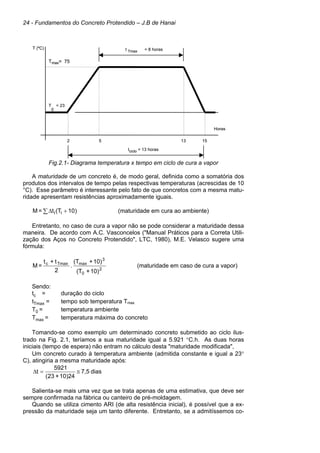24 - Fundamentos do Concreto Protendido – J.B de Hanai
Fig.2.1- Diagrama temperatura x tempo em ciclo de cura a vapor
A maturidade de um concreto é, de modo geral, definida como a somatória dos
produtos dos intervalos de tempo pelas respectivas temperaturas (acrescidas de 10
°C). Esse parâmetro é interessante pelo fato de que concretos com a mesma matu-
ridade apresentam resistências aproximadamente iguais.
∑ +
∆ )
10
(T
t
=
M i
i (maturidade em cura ao ambiente)
Entretanto, no caso de cura a vapor não se pode considerar a maturidade dessa
maneira. De acordo com A.C. Vasconcelos ("Manual Práticos para a Correta Utili-
zação dos Aços no Concreto Protendido", LTC, 1980), M.E. Velasco sugere uma
fórmula:
2
0
3
max
Tmax
c
10)
+
(T
10)
+
(T
.
2
t
+
t
=
M (maturidade em caso de cura a vapor)
Sendo:
tc = duração do ciclo
tTmax = tempo sob temperatura Tmax
T0 = temperatura ambiente
Tmax = temperatura máxima do concreto
Tomando-se como exemplo um determinado concreto submetido ao ciclo ilus-
trado na Fig. 2.1, teríamos a sua maturidade igual a 5.921 °C.h. As duas horas
iniciais (tempo de espera) não entram no cálculo desta "maturidade modificada",
Um concreto curado à temperatura ambiente (admitida constante e igual a 23°
C), atingiria a mesma maturidade após:
dias
7,5
10)24
+
23
(
5921
t ≅
=
∆
Salienta-se mais uma vez que se trata apenas de uma estimativa, que deve ser
sempre confirmada na fábrica ou canteiro de pré-moldagem.
Quando se utiliza cimento ARI (de alta resistência inicial), é possível que a ex-
pressão da maturidade seja um tanto diferente. Entretanto, se a admitíssemos co-
2 5 13 15
t Tmax = 8 horas
Tmax= 75
T = 23
0
T (ºC)
tciclo = 13 horas
Horas
2 5 13 15
t Tmax = 8 horas
Tmax= 75
T = 23
0
T (ºC)
tciclo = 13 horas
Horas
 