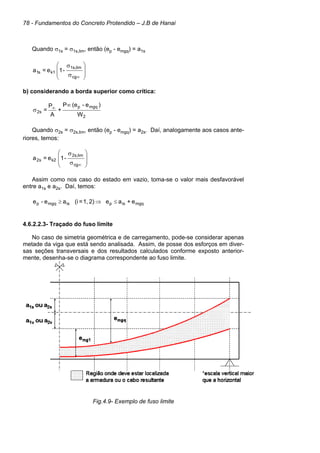 78 - Fundamentos do Concreto Protendido – J.B de Hanai
Quando σ1s = σ1s,lim, então (ep - emgq) = a1s
-
1
e
=
a
cg
lim
1s,
k1
s
1 







σ
σ
∞
b) considerando a borda superior como crítica:
2
mgq
p
2s
W
)
e
-
(e
P
+
A
P
=
∞
σ ∞
Quando σ2s = σ2s,lim, então (ep - emgq) = a2s. Daí, analogamente aos casos ante-
riores, temos:
-
1
e
=
a
cg
lim
2s,
k2
s
2 







σ
σ
∞
Assim como nos caso do estado em vazio, toma-se o valor mais desfavorável
entre a1s e a2s. Daí, temos:
mgq
is
p
is
mgq
p e
+
a
e
2)
1,
=
(i
a
e
-
e ≤
⇒
≥
4.6.2.2.3- Traçado do fuso limite
No caso de simetria geométrica e de carregamento, pode-se considerar apenas
metade da viga que está sendo analisada. Assim, de posse dos esforços em diver-
sas seções transversais e dos resultados calculados conforme exposto anterior-
mente, desenha-se o diagrama correspondente ao fuso limite.
Fig.4.9- Exemplo de fuso limite
 