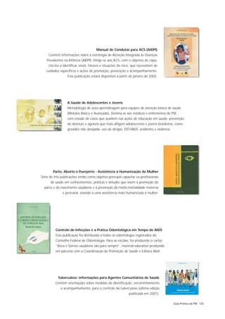 Manual de Condutas para ACS (AIDPI)
     Contém informações sobre a estratégia de Atenção Integrada às Doenças
   Prevalentes na Infância (AIDPI). Dirige-se aos ACS, com o objetivo de capa-
     citá-los a identificar sinais, fatores e situações de risco, que necessitam de
   cuidados específicos e ações de promoção, prevenção e acompanhamento.
                  Esta publicação estará disponível a partir de janeiro de 2002.




                  A Saúde de Adolescentes e Jovens
                  Metodologia de auto-aprendizagem para equipes de atenção básica de saúde
                  (Mólulos Básico e Avançado). Destina-se aos médicos e enfermeiros do PSF,
                  com estudo de casos que auxiliem nas ações de educação em saúde, prevenção
                  de doenças e agravos que mais afligem adolescentes e jovens brasileiros, como
                  gravidez não desejada, uso de drogas, DST/AIDS, acidentes e violência.




        Parto, Aborto e Puerpério - Assistência à Humanização da Mulher
Série de três publicações tendo como objetivo principal capacitar os profissionais
      de saúde em conhecimentos, práticas e atitudes que visem à promoção do
  parto e do nascimento saudáveis e à prevenção da morbi-mortalidade materna
               e perinatal, visando a uma assistência mais humanizada à mulher.




          Controle de Infecções e a Prática Odontológica em Tempo de AIDS
          Esta publicação foi distribuída a todos os odontólogos registrados do
          Conselho Federal de Odontologia. Para as escolas, foi produzido o cartaz
          “Boca e Sorriso saudáveis são para sempre”, material educativo produzido
          em parceria com a Coordenação de Promoção de Saúde e Editora Abril.




           Tuberculose: informações para Agentes Comunitários de Saúde
         Contém orientações sobre medidas de identificação, encaminhamento
             e acompanhamento, para o controle da tuberculose (última edição
                                                              publicada em 2001).

                                                                                           Guia Prático do PSF 125
 