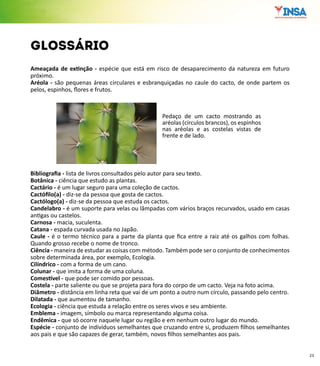 23
Ameaçada de extinção - espécie que está em risco de desaparecimento da natureza em futuro
próximo.
Aréola - são pequenas áreas circulares e esbranquiçadas no caule do cacto, de onde partem os
pelos, espinhos, flores e frutos.
Bibliografia - lista de livros consultados pelo autor para seu texto.
Botânica - ciência que estudo as plantas.
Cactário - é um lugar seguro para uma coleção de cactos.
Cactófilo(a) - diz-se da pessoa que gosta de cactos.
Cactólogo(a) - diz-se da pessoa que estuda os cactos.
Candelabro - é um suporte para velas ou lâmpadas com vários braços recurvados, usado em casas
antigas ou castelos.
Carnosa - macia, suculenta.
Catana - espada curvada usada no Japão.
Caule - é o termo técnico para a parte da planta que fica entre a raiz até os galhos com folhas.
Quando grosso recebe o nome de tronco.
Ciência - maneira de estudar as coisas com método. Também pode ser o conjunto de conhecimentos
sobre determinada área, por exemplo, Ecologia.
Cilíndrico - com a forma de um cano.
Colunar - que imita a forma de uma coluna.
Comestível - que pode ser comido por pessoas.
Costela - parte saliente ou que se projeta para fora do corpo de um cacto. Veja na foto acima.
Diâmetro - distância em linha reta que vai de um ponto a outro num círculo, passando pelo centro.
Dilatada - que aumentou de tamanho.
Ecologia - ciência que estuda a relação entre os seres vivos e seu ambiente.
Emblema - imagem, símbolo ou marca representando alguma coisa.
Endêmica - que só ocorre naquele lugar ou região e em nenhum outro lugar do mundo.
Espécie - conjunto de indivíduos semelhantes que cruzando entre si, produzem filhos semelhantes
aos pais e que são capazes de gerar, também, novos filhos semelhantes aos pais.
glossário
Pedaço de um cacto mostrando as
aréolas (círculos brancos), os espinhos
nas aréolas e as costelas vistas de
frente e de lado.
 