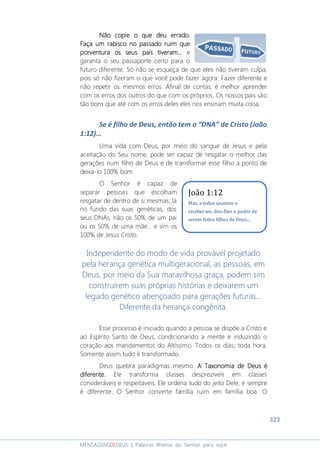 323
MENSAGENSDEDEUS | Palavras Rhema do Senhor para você
Não copie o que deu errado.Não copie o que deu errado.Não copie o que deu errado.Não copie o que deu errado.
Faça um rabisco no passado ruim queFaça um rabisco no passado ruim queFaça um rabisco no passado ruim queFaça um rabisco no passado ruim que
porventura os seus pais tiveram...porventura os seus pais tiveram...porventura os seus pais tiveram...porventura os seus pais tiveram... e
garanta o seu passaporte certo para o
futuro diferente. Só não se esqueça de que eles não tiveram culpa,
pois só não fizeram o que você pode fazer agora: Fazer diferente e
não repetir os mesmos erros. Afinal de contas, é melhor aprender
com os erros dos outros do que com os próprios. Os nossos pais são
tão bons que até com os erros deles eles nos ensinam muita coisa.
Se é filho de Deus, então tem o “DNA” de Cristo (João
1:12)...
Uma vida com Deus, por meio do sangue de Jesus e pela
aceitação do Seu nome, pode ser capaz de resgatar o melhor das
gerações num filho de Deus e de transformar esse filho a ponto de
deixa-lo 100% bom.
O Senhor é capaz de
separar pessoas que escolham
resgatar de dentro de si mesmas, lá
no fundo das suas genéticas, dos
seus DNAs, não os 50% de um pai
ou os 50% de uma mãe... e sim os
100% de Jesus Cristo.
Independente do modo de vida provável projetado
pela herança genética multigeracional, as pessoas, em
Deus, por meio da Sua maravilhosa graça, podem sim
construírem suas próprias histórias e deixarem um
legado genético abençoado para gerações futuras...
Diferente da herança congênita.
Esse processo é iniciado quando a pessoa se dispõe a Cristo e
ao Espírito Santo de Deus, condicionando a mente e induzindo o
coração aos mandamentos do Altíssimo. Todos os dias; toda hora.
Somente assim tudo é transformado.
Deus quebra paradigmas mesmo. A Taxonomia de DeuA Taxonomia de DeuA Taxonomia de DeuA Taxonomia de Deus és és és é
diferente.diferente.diferente.diferente. Ele transforma classes desprezíveis em classes
consideráveis e respeitáveis. Ele ordena tudo do jeito Dele; e sempre
é diferente. O Senhor converte família ruim em família boa. O
João 1:12
Mas, a todos quantos o
receberam, deu-lhes o poder de
serem feitos filhos de Deus...
 
