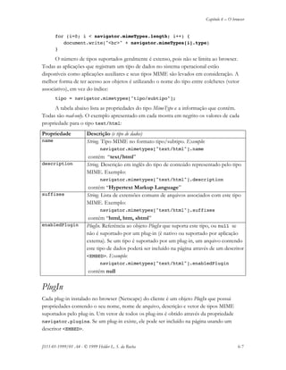 Capítulo 6 – O browser
JS11-01-1999/01 A4 - © 1999 Helder L. S. da Rocha 6-7
for (i=0; i < navigator.mimeTypes.length; i++) {
document.write("<br>" + navigator.mimeTypes[i].type)
}
O número de tipos suportados geralmente é extenso, pois não se limita ao browser.
Todas as aplicações que registram um tipo de dados no sistema operacional estão
disponíveis como aplicações auxiliares e seus tipos MIME são levados em consideração. A
melhor forma de ter acesso aos objetos é utilizando o nome do tipo entre colchetes (vetor
associativo), em vez do índice:
tipo = navigator.mimetypes["tipo/subtipo"];
A tabela abaixo lista as propriedades do tipo MimeType e a informação que contém.
Todas são read-only. O exemplo apresentado em cada mostra em negrito os valores de cada
propriedade para o tipo text/html:
Propriedade Descrição (e tipo de dados)
name String. Tipo MIME no formato tipo/subtipo. Exemplo:
navigator.mimetypes["text/html"].name
contém “text/html”
description String. Descrição em inglês do tipo de conteúdo representado pelo tipo
MIME. Exemplo:
navigator.mimetypes["text/html"].description
contém “Hypertext Markup Language”
suffixes String. Lista de extensões comuns de arquivos associados com este tipo
MIME. Exemplo:
navigator.mimetypes["text/html"].suffixes
contém “html, htm, shtml”
enabledPlugin PlugIn. Referência ao objeto PlugIn que suporta este tipo, ou null se
não é suportado por um plug-in (é nativo ou suportado por aplicação
externa). Se um tipo é suportado por um plug-in, um arquivo contendo
este tipo de dados poderá ser incluído na página através de um descritor
<EMBED>. Exemplo:
navigator.mimetypes["text/html"].enabledPlugin
contém null
PlugIn
Cada plug-in instalado no browser (Netscape) do cliente é um objeto PlugIn que possui
propriedades contendo o seu nome, nome de arquivo, descrição e vetor de tipos MIME
suportados pelo plug-in. Um vetor de todos os plug-ins é obtido através da propriedade
navigator.plugins. Se um plug-in existe, ele pode ser incluído na página usando um
descritor <EMBED>.
 