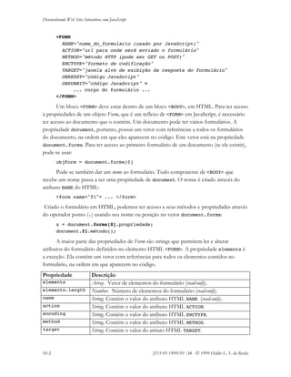 Desenvolvendo Web Sites Interativos com JavaScript
10-2 JS11-01-1999/01 A4 - © 1999 Helder L. S. da Rocha
<FORM
NAME="nome_do_formulario (usado por JavaScript)"
ACTION="url para onde será enviado o formulário"
METHOD="método HTTP (pode ser GET ou POST)"
ENCTYPE="formato de codificação"
TARGET="janela alvo de exibição da resposta do formulário"
ONRESET="código JavaScript"
ONSUBMIT="código JavaScript" >
... corpo do formulário ...
</FORM>
Um bloco <FORM> deve estar dentro de um bloco <BODY>, em HTML. Para ter acesso
à propriedades de um objeto Form, que é um reflexo de <FORM> em JavaScript, é necessário
ter acesso ao documento que o contém. Um documento pode ter vários formulários. A
propriedade document, portanto, possui um vetor com referências a todos os formulários
do documento, na ordem em que eles aparecem no código. Este vetor está na propriedade
document.forms. Para ter acesso ao primeiro formulário de um documento (se ele existir),
pode-se usar:
objForm = document.forms[0]
Pode-se também dar um nome ao formulário. Todo componente de <BODY> que
recebe um nome passa a ser uma propriedade de document. O nome é criado através do
atributo NAME do HTML:
<form name="f1"> ... </form>
Criado o formulário em HTML, podemos ter acesso a seus métodos e propriedades através
do operador ponto (.) usando seu nome ou posição no vetor document.forms:
x = document.forms[0].propriedade;
document.f1.método();
A maior parte das propriedades de Form são strings que permitem ler e alterar
atributos do formulário definidos no elemento HTML <FORM>. A propriedade elements é
a exceção. Ela contém um vetor com referências para todos os elementos contidos no
formulário, na ordem em que aparecem no código.
Propriedade Descrição
elements Array. Vetor de elementos do formulário (read-only).
elements.length Number. Número de elementos do formulário (read-only).
name String. Contém o valor do atributo HTML NAME (read-only).
action String. Contém o valor do atributo HTML ACTION.
encoding String. Contém o valor do atributo HTML ENCTYPE.
method String. Contém o valor do atributo HTML METHOD.
target String. Contém o valor do atriuto HTML TARGET.
 