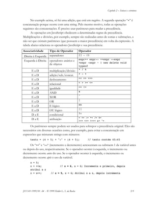 Capítulo 2 – Sintaxe e estrutura
JS11-01-1999/01 A4 - © 1999 Helder L. S. da Rocha 2-9
No exemplo acima, só há uma adição, que está em negrito. A segunda operação “+” é
concatenação porque ocorre com uma string. Pelo mesmo motivo, todas as operações
seguintes são concatenações. É preciso usar parênteses para mudar a precedência.
As operações em JavaScript obedecem a determinadas regras de precedência.
Multiplicações e divisões, por exemplo, sempre são realizadas antes de somas e subtrações, a
não ser que existam parênteses (que possuem a maior precedência) em volta da expressão. A
tabela abaixo relaciona os operadores JavaScript e sua precedência:
Associatividade Tipo de Operador Operador
Direita à Esquerda separadores [] . ()
Esquerda à Direita operadores unários e
de objetos
expr++ expr-- ++expr –-expr
+expr -expr ~ ! new delete void
typeof
E a D multiplicação/divisão * / %
E a D adição/sub./concat. + - +
E a D deslocamento << >> >>>
E a D relacional < > >= <=
E a D igualdade == !=
E a D AND &
E a D XOR ^
E a D OR |
E a D E lógico &&
E a D OU lógico ||
D a E condicional ?:
D a E atribuição
= += -= *= /= %=
>>= <<= >>>= &= ^=
Os parênteses sempre podem ser usados para sobrepor a precedência original. Eles são
necessários em diversas ocasiões como, por exemplo, para evitar a concatenação em
expressões que misturam strings com números:
texto = (4 + 5) + ":" + (4 + 5); // texto contém 45:45
Os “++” e “––“ (incremento e decremento) acrescentam ou subtraem 1 da variável antes
ou depois do uso, respectivamente. Se o operador ocorrer à esquerda, o incremento ou
decremento ocorre antes do uso. Se o operador ocorrer à esquerda, o incremento ou
decremento ocorre após o uso da variável.
x = 5;
z = ++x; // z = 6, x = 6; Incrementa x primeiro, depois
atribui a z
z = x++; // z = 5, x = 6; Atribui x a z, depois incrementa
 