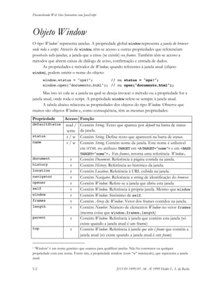 Desenvolvendo Web Sites Interativos com JavaScript
5-2 JS11-01-1999/01 A4 - © 1999 Helder L. S. da Rocha
Objeto Window
O tipo Window1
representa janelas. A propriedade global window representa a janela do browser
onde roda o script. Através de window, têm-se acesso a outras propriedades que referenciam
possíveis sub-janelas, a janela que a criou (se existir) ou frames. Também têm-se acesso a
métodos que abrem caixas de diálogo de aviso, confirmação e entrada de dados.
As propriedades e métodos de Window, quando referentes à janela atual (objeto
window), podem omitir o nome do objeto:
window.status = "oye!"; // ou status = "oye!";
window.open("documento.html"); // ou open("documento.html");
Mas isto só vale se a janela na qual se deseja invocar o método ou a propriedade for a
janela atual, onde roda o script. A propriedade window refere-se sempre à janela atual.
A tabela abaixo relaciona as propriedades dos objetos do tipo Window. Observe que
muitos são objetos Window e, como conseqüência, têm as mesmas propriedades:
Propriedade Acesso Função
defaultStatus read /
write
Contém String. Texto que aparece por default na barra de status
da janela.
status r / w Contém String. Define texto que aparecerá na barra de status.
name r / w Contém String. Contém nome da janela. Este nome é utilizável
em HTML no atributo TARGET em <ATARGET="nome"> e em <BASE
TARGET="nome">. Em frames, retorna uma referência Window.
document r Contém Document. Referência à página contida na janela.
history r Contém History. Referência ao histórico da janela.
location r Contém Location. Referência à URL exibida na janela.
navigator r Contém Navigator. Referência a string de identificação do browser.
opener r Contém Window. Refere-se a janela que abriu esta janela
self r Contém Window. Referência à própria janela. Mesmo que window
window r Contém Window. Sinônimo de self.
frames r Contém Array de Window. Vetor dos frames contidos na janela.
length r Contém Number. Número de elementos Window no vetor frames
(mesma coisa que window.frames.length)
parent r Contém Window. Referência à janela que contém esta janela (só
existe quando a janela atual é um frame)
top r Contém Window. Referência à janela que não é frame que contém a
janela atual (só existe quando a janela atual é um frame)
1 ‘Window’ é um nome genérico que usamos para qualificar janelas. Não há construtor ou qualquer
propriedade com este nome. Existe sim, a propriedade window (com “w” minúsculo), que representa a janela
atual.
 