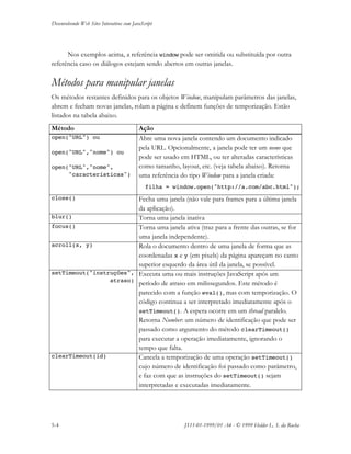 Desenvolvendo Web Sites Interativos com JavaScript
5-4 JS11-01-1999/01 A4 - © 1999 Helder L. S. da Rocha
Nos exemplos acima, a referência window pode ser omitida ou substituída por outra
referência caso os diálogos estejam sendo abertos em outras janelas.
Métodos para manipular janelas
Os métodos restantes definidos para os objetos Window, manipulam parâmetros das janelas,
abrem e fecham novas janelas, rolam a página e definem funções de temporização. Estão
listados na tabela abaixo.
Método Ação
open("URL") ou
open("URL","nome") ou
open("URL","nome",
"características")
Abre uma nova janela contendo um documento indicado
pela URL. Opcionalmente, a janela pode ter um nome que
pode ser usado em HTML, ou ter alteradas características
como tamanho, layout, etc. (veja tabela abaixo). Retorna
uma referência do tipo Window para a janela criada:
filha = window.open("http://a.com/abc.html");
close() Fecha uma janela (não vale para frames para a última janela
da aplicação).
blur() Torna uma janela inativa
focus() Torna uma janela ativa (traz para a frente das outras, se for
uma janela independente).
scroll(x, y) Rola o documento dentro de uma janela de forma que as
coordenadas x e y (em pixels) da página apareçam no canto
superior esquerdo da área útil da janela, se possível.
setTimeout("instruções",
atraso)
Executa uma ou mais instruções JavaScript após um
período de atraso em milissegundos. Este método é
parecido com a função eval(), mas com temporização. O
código continua a ser interpretado imediatamente após o
setTimeout(). A espera ocorre em um thread paralelo.
Retorna Number: um número de identificação que pode ser
passado como argumento do método clearTimeout()
para executar a operação imediatamente, ignorando o
tempo que falta.
clearTimeout(id) Cancela a temporização de uma operação setTimeout()
cujo número de identificação foi passado como parâmetro,
e faz com que as instruções do setTimeout() sejam
interpretadas e executadas imediatamente.
 