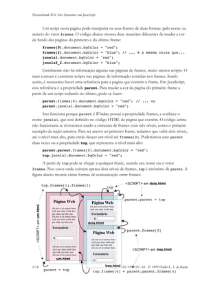 Desenvolvendo Web Sites Interativos com JavaScript
5-14 JS11-01-1999/01 A4 - © 1999 Helder L. S. da Rocha
Um script nesta página pode manipular os seus frames de duas formas: pelo nome ou
através do vetor frames. O código abaixo mostra duas maneiras diferentes de mudar a cor
de fundo das páginas do primeiro e do último frame:
frames[0].document.bgColor = "red";
frames[2].document.bgColor = "blue"; // ... é a mesma coisa que...
janela1.document.bgColor = "red";
janela2_2.document.bgColor = "blue";
Geralmente não há informação alguma nas páginas de frames, muito menos scripts. O
mais comum é existirem scripts nas páginas de informação contidas nos frames. Sendo
assim, é necessário haver uma referência para a página que contém o frame. Em JavaScript,
esta referência é a propriedade parent. Para mudar a cor da página do primeiro frame a
partir de um script rodando no último, pode-se fazer:
parent.frames[0].document.bgColor = "red"; // ... ou
parent.janela1.document.bgColor = "red";
Isto funciona porque parent é Window, possui a propriedade frames, e conhece o
nome janela1, que está definido no código HTML da página que contém. O código acima
não funcionaria se tivéssemos usado a estrutura de frames com três níveis, como o primeiro
exemplo da seção anterior. Para ter acesso ao primeiro frame, teríamos que subir dois níveis,
até o nível mais alto, para então descer um nível até frames[0]. Poderíamos usar parent
duas vezes ou a propriedade top, que representa o nível mais alto:
parent.parent.frames[0].document.bgColor = "red";
top.janela1.document.bgColor = "red";
A partir de top pode-se chegar a qualquer frame, usando seu nome ou o vetor
frames. Nos casos onde existem apenas dois níveis de frames, top é sinônimo de parent. A
figura abaixo mostra várias formas de comunicação entre frames:
Página Web
Página Web
Página Web
Formulário
Formulário
Formulário
ich aus et in unnus buus
zich aus char wultt dus
par stak can litte sim
ich aus et in unnus buus
zich aus char wultt dus
par stak can litte sim
ich aus et in unnus buus
zich aus char wultt dus
par stak can litte sim
ich aus et in unnus buus
ich aus et in unnus buus
zich aus char wultt dus
ich aus et in unnus buus
zich aus char wultt dus
par stak can litte sim
ich aus et in unnus buus
a
c
b
parent = top
parent.parent = top
top
parent.frames[0]
top.frames[1].frames[1]
top.frames[0] = parent.parent.frames[0]
<SCRIPT> em dois.html
<SCRIPT> em tres.html
<SCRIPT>emum.html
dois.html
um.html
tres.html
 