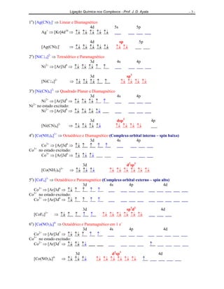 Ligação Química nos Complexos - Prof. J. D. Ayala - 3 -
1o
) [Ag(CN)2]-
⇒ Linear e Diamagnético
4d 5s 5p
Ag+
⇒ [Kr]4d10
⇒ ↑↓ ↑↓ ↑↓ ↑↓ ↑↓ ___ ___ ___ ___
4d sp 5p
[Ag(CN)2]-
⇒ ↑↓ ↑↓ ↑↓ ↑↓ ↑↓ ↑↓ ↑↓ ___ ___
2o
) [NiCl4]2-
⇒ Tetraédrico e Paramagnético
3d 4s 4p
Ni2+
⇒ [Ar]3d8
⇒ ↑↓ ↑↓ ↑↓ ↑ ↑ ___ ___ ___ ___
3d sp3
[NiCl4]2-
⇒ ↑↓ ↑↓ ↑↓ ↑ ↑ ↑↓ ↑↓ ↑↓ ↑↓
3o
) [Ni(CN)4]2-
⇒ Quadrado Planar e Diamagnético
3d 4s 4p
Ni2+
⇒ [Ar]3d8
⇒ ↑↓ ↑↓ ↑↓ ↑ ↑ ___ ___ ___ ___
Ni2+
no estado excitado:
Ni2+
⇒ [Ar]3d8
⇒ ↑↓ ↑↓ ↑↓ ↑↓ ___ ___ ___ ___
3d dsp2
4p
[Ni(CN)4]2-
⇒ ↑↓ ↑↓ ↑↓ ↑↓ ↑↓ ↑↓ ↑↓ ↑↓ ___
4o
) [Co(NH3)6]3+
⇒ Octaédrico e Diamagnético (Complexo orbital interno – spin baixo)
3d 4s 4p
Co3+
⇒ [Ar]3d6
⇒ ↑↓ ↑ ↑ ↑ ↑ ___ ___ ___ ___
Co3+
no estado excitado:
Co3+
⇒ [Ar]3d6
⇒ ↑↓ ↑↓ ↑↓ ___ ___ ___ ___
3d d2
sp3
[Co(NH3)6]3+
⇒ ↑↓ ↑↓ ↑↓ ↑↓ ↑↓ ↑↓ ↑↓ ↑↓ ↑↓
5o
) [CoF6]3-
⇒ Octaédrico e Paramagnético (Complexo orbital externo – spin alto)
3d 4s 4p 4d
Co3+
⇒ [Ar]3d6
⇒ ↑↓ ↑ ↑ ↑ ↑ ___ ___ ___ ___ ___ ___ ___ ___ ___
Co3+
no estado excitado:
Co3+
⇒ [Ar]3d6
⇒ ↑↓ ↑ ↑ ↑ ↑ ___ ___ ___ ___ ___ ___ ___ ___ ___
3d sp3
d2
4d
[CoF6]3+
⇒ ↑↓ ↑ ↑ ↑ ↑ ↑↓ ↑↓ ↑↓ ↑↓ ↑↓ ↑↓ ___ ___ ___
6o
) [Co(NO2)6]4-
⇒ Octaédrico e Paramagnético em 1 e-
3d 4s 4p 4d
Co2+
⇒ [Ar]3d7
⇒ ↑↓ ↑↓ ↑ ↑ ↑ ___ ___ ___ ___ ___ ___ ___ ___ ___
Co3+
no estado excitado:
Co2+
⇒ [Ar]3d7
⇒ ↑↓ ↑↓ ↑↓ ___ ___ ___ ___ ↑ ___ ___ ___ ___
3d d2
sp3
4d
[Co(NO2)6]4-
⇒ ↑↓ ↑↓ ↑↓ ↑↓ ↑↓ ↑↓ ↑↓ ↑↓ ↑↓ ↑ ___ ___ ___ ___
 