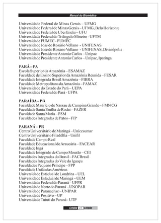 Manual do Biomédico
CRBM 25 CRBM
Universidade Federal de Minas Gerais – UFMG
UniversidadeFederaldeMinasGerais– UFMG, BeloHorizonte
UniversidadeFederaldeUberlândia–UFU
UniversidadeFederaldoTriânguloMineiro-UFTM
UniversidadeFUMEC -FUMEC
UniversidadeJosé do RosárioVellano -UNIFENAS
UniversidadeJosé do RosárioVellano -UNIFENAS, Divinópolis
UniversidadePresidenteAntonioCarlos–Unipac
UniversidadePresidenteAntonioCarlos–Unipac,Ipatinga
PARÁ –PA
EscolaSuperiordaAmazônia– ESAMAZ
FaculdadedeEnsinoSuperiordaAmazôniaReunida– FESAR
FaculdadeIntegradaBrasilAmazônia–FIBRA
FaculdadeMetropolitanadaAmazônia–FAMAZ
Universidadedo EstadodoPará–UEPA
UniversidadeFederaldoPará-UFPA
PARAÍBA–PB
FaculdadeMauríciodeNassau deCampinaGrande– FMN CG
FaculdadeSantaEmíliadeRodat– FAZER
FaculdadeSantaMaria– FSM
FaculdadesIntegradasdePatos–FIP
PARANÁ –PR
CentroUniversitáriodeMaringá–Unicesumar
CentroUniversitárioFiladélﬁa– Uniﬁl
FaculdadeCampoReal
FaculdadeEducacionaldeAraucária–FACEAR
FaculdadeIngá
FaculdadeIntegradodeCampoMourão– CEI
FaculdadesIntegradasdoBrasil– FACBrasil
FaculdadesIntegradasdoValedo Iguaçu
FaculdadesPequenoPríncipe– FPP
FaculdadeUniãodasAméricas
UniversidadeEstadualdeLondrina–UEL
UniversidadeEstadualdeMaringá–UEM
UniversidadeFederaldoParaná– UFPR
UniversidadeNortedo Paraná– UNOPAR
UniversidadeParanaense– UNIPAR
UniversidadePositivo–UP
UniversidadeTuiutidoParaná-UTP
 