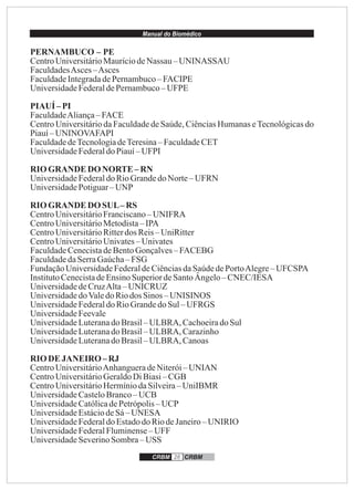 Manual do Biomédico
CRBM 26 CRBM
PERNAMBUCO – PE
CentroUniversitárioMauríciodeNassau –UNINASSAU
FaculdadesAsces –Asces
FaculdadeIntegradadePernambuco– FACIPE
UniversidadeFederaldePernambuco–UFPE
PIAUÍ – PI
FaculdadeAliança– FACE
Centro Universitário da Faculdade de Saúde, Ciências Humanas eTecnológicas do
Piauí– UNINOVAFAPI
FaculdadedeTecnologiadeTeresina–FaculdadeCET
UniversidadeFederaldoPiauí– UFPI
RIO GRANDE DONORTE–RN
UniversidadeFederaldoRioGrandedo Norte–UFRN
UniversidadePotiguar–UNP
RIO GRANDE DOSUL–RS
CentroUniversitárioFranciscano– UNIFRA
CentroUniversitárioMetodista– IPA
CentroUniversitárioRitterdos Reis– UniRitter
CentroUniversitárioUnivates– Univates
FaculdadeCenecistadeBentoGonçalves–FACEBG
FaculdadedaSerraGaúcha– FSG
FundaçãoUniversidadeFederaldeCiênciasdaSaúdedePortoAlegre–UFCSPA
InstitutoCenecistadeEnsinoSuperiordeSantoÂngelo– CNEC/IESA
UniversidadedeCruzAlta– UNICRUZ
UniversidadedoValedoRiodos Sinos –UNISINOS
UniversidadeFederaldoRioGrandedo Sul–UFRGS
UniversidadeFeevale
UniversidadeLuteranado Brasil–ULBRA, Cachoeirado Sul
UniversidadeLuteranado Brasil–ULBRA, Carazinho
UniversidadeLuteranado Brasil–ULBRA, Canoas
RIO DE JANEIRO – RJ
CentroUniversitárioAnhangueradeNiterói–UNIAN
CentroUniversitárioGeraldoDiBiasi–CGB
CentroUniversitárioHermíniodaSilveira–UniIBMR
UniversidadeCasteloBranco– UCB
UniversidadeCatólicadePetrópolis–UCP
UniversidadeEstáciodeSá–UNESA
UniversidadeFederaldoEstadodoRiodeJaneiro–UNIRIO
UniversidadeFederalFluminense–UFF
UniversidadeSeverinoSombra– USS
 