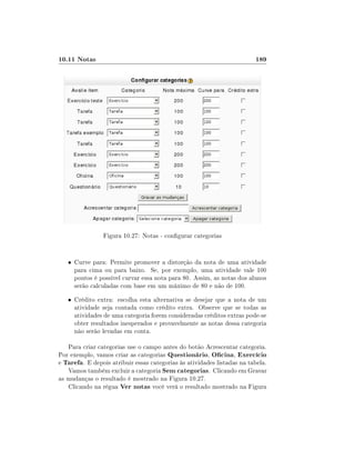 10.11 Notas                                                              189




                Figura 10.27: Notas - congurar categorias


   • Curve para: Permite promover a distorção da nota de uma atividade
     para cima ou para baixo. Se, por exemplo, uma atividade vale 100
     pontos é possível curvar essa nota para 80. Assim, as notas dos alunos
     serão calculadas com base em um máximo de 80 e não de 100.
   • Crédito extra: escolha esta alternativa se desejar que a nota de um
     atividade seja contada como crédito extra. Observe que se todas as
     atividades de uma categoria forem consideradas créditos extras pode-se
     obter resultados inesperados e provavelmente as notas dessa categoria
     não serão levadas em conta.

   Para criar categorias use o campo antes do botão Acrescentar categoria.
Por exemplo, vamos criar as categorias Questionário, Ocina, Exercício
e Tarefa. E depois atribuir essas categorias às atividades listadas na tabela.
   Vamos também excluir a categoria Sem categorias. Clicando em Gravar
as mudanças o resultado é mostrado na Figura 10.27.
   Clicando na régua Ver notas você verá o resultado mostrado na Figura
 