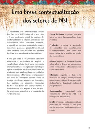 15
Uma breve contextualização
dos setores do MST
O Movimento dos Trabalhadores Rurais
Sem Terra – o MST – teve início em 1984
e é um movimento social de massas, de
caráter autônomo e sindical, constituído por
trabalhadores rurais sem-terra: parceiros,
arrendatários, meeiros, assalariados rurais,
posseiros e pequenos proprietários. Possui
como objetivos a luta por terra, pela Reforma
Agrária e pela transformação da sociedade.
A luta por terra e seu processo formativo
mostraram a necessidade de ampliar e
complexificar a luta. Mostrou-se necessário
lutarporsaúde,porcondiçõesparaaprodução
e geração de renda, por educação em todos os
níveis, por lazer e cultura. Essas necessidades
fizeram com que o Movimento se organizasse
por meio de diferentes setores, onde se
planeja, coordena e organiza as demandas.
Eles existem em diferentes instâncias
do MST: nas bases, nos acampamentos e
assentamentos, nas regiões e nos estados.
Os setores que compõem a organização do
Movimento são:
Frente de Massa: organiza a luta pela
terra, por meio das ocupações e lutas
políticas;
Produção: organiza a produção
de alimentos nos assentamentos
e acampamentos, bem como sua
comercialização, e auxilia na gestão
das cooperativas;
Gênero: organiza e fomenta debates
sobre gênero dentro do movimento,
assim como ações de luta das mulheres
e pelo feminismo;
Educação: organiza a luta pela
educação do campo, preocupando-se
com todos os estágios de escolarização
do Sem Terra – da primeira infância à
pós-graduação;
Comunicação: responsável pela
comunicação interna do MST e o
diálogo com a sociedade;
Saúde: promove e fortalece as práticas
populares de cuidado e luta pelo
fortalecimento da saúde como direito
à vida.
 