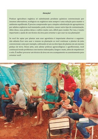 43
Atenção!
Praticar agricultura orgânica só substituindo produtos químicos convencionais por
insumos alternativos, ecológicos ou orgânicos nem sempre é uma solução para manter o
ambiente equilibrado. É preciso compreender que a simples substituição de agroquímicos
por adubos orgânicos mal manejados, pode, inclusive, causar outro tipo de contaminação.
Além disso, essa prática deixa o cultivo muito caro, difícil para vender. Por isso, é muito
importante a ajuda de um técnico da área para orientar o que usar na sua plantação!
Se você for optar por plantar sem usar agrotóxico é importante observar o seguinte:
não adianta ficar sem usar o veneno na plantação se você continuar a plantar do jeito
convencional, como por exemplo, cultivando só um ou dois tipos de plantas em um mesmo
pedaço de terra. Desse jeito, sem adotar práticas agroecológicas e agroflorestais, você
continuará tendo problemas com insetos indesejados, fungos e mato, além de empobrecer
o solo. É melhor procurar um técnico da área em seu acampamento ou assentamento para
orientar você!
 