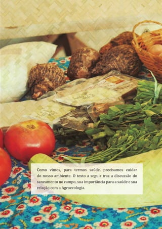 49
Como vimos, para termos saúde, precisamos cuidar
do nosso ambiente. O texto a seguir traz a discussão do
saneamento no campo, sua importância para a saúde e sua
relação com a Agroecologia.
Como vimos, para termos saúde, precisamos cuidar
do nosso ambiente. O texto a seguir traz a discussão do
saneamento no campo, sua importância para a saúde e sua
relação com a Agroecologia.
 