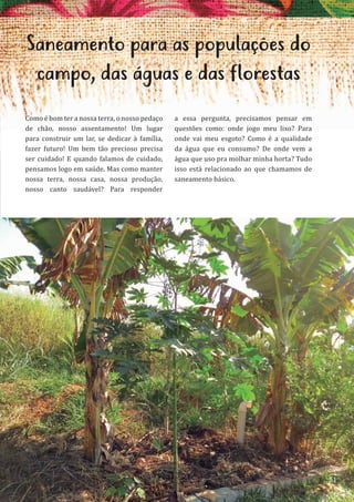 51
Saneamento para as populações do
campo, das águas e das ﬂorestas
Como é bom ter a nossa terra, o nosso pedaço
de chão, nosso assentamento! Um lugar
para construir um lar, se dedicar à família,
fazer futuro! Um bem tão precioso precisa
ser cuidado! E quando falamos de cuidado,
pensamos logo em saúde. Mas como manter
nossa terra, nossa casa, nossa produção,
nosso canto saudável? Para responder
a essa pergunta, precisamos pensar em
questões como: onde jogo meu lixo? Para
onde vai meu esgoto? Como é a qualidade
da água que eu consumo? De onde vem a
água que uso pra molhar minha horta? Tudo
isso está relacionado ao que chamamos de
saneamento básico.
51
 