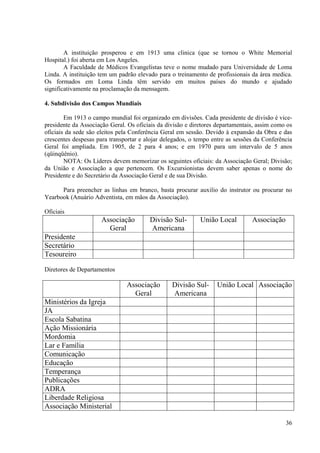 A instituição prosperou e em 1913 uma clinica (que se tornou o White Memorial
Hospital.) foi aberta em Los Angeles.
        A Faculdade de Médicos Evangelistas teve o nome mudado para Universidade de Loma
Linda. A instituição tem um padrão elevado para o treinamento de profissionais da área medica.
Os formados em Loma Linda têm servido em muitos países do mundo e ajudado
significativamente na proclamação da mensagem.

4. Subdivisão dos Campos Mundiais

        Em 1913 o campo mundial foi organizado em divisões. Cada presidente de divisão é vice-
presidente da Associação Geral. Os oficiais da divisão e diretores departamentais, assim como os
oficiais da sede são eleitos pela Conferência Geral em sessão. Devido à expansão da Obra e das
crescentes despesas para transportar e alojar delegados, o tempo entre as sessões da Conferência
Geral foi ampliada. Em 1905, de 2 para 4 anos; e em 1970 para um intervalo de 5 anos
(qüinqüênio).
        NOTA: Os Líderes devem memorizar os seguintes oficiais: da Associação Geral; Divisão;
da União e Associação a que pertencem. Os Excursionistas devem saber apenas o nome do
Presidente e do Secretário da Associação Geral e de sua Divisão.

      Para preencher as linhas em branco, basta procurar auxilio do instrutor ou procurar no
Yearbook (Anuário Adventista, em mãos da Associação).

Oficiais
                      Associação        Divisão Sul-        União Local         Associação
                        Geral           Americana
Presidente
Secretário
Tesoureiro

Diretores de Departamentos

                               Associação        Divisão Sul-     União Local Associação
                                 Geral           Americana
Ministérios da Igreja
JA
Escola Sabatina
Ação Missionária
Mordomia
Lar e Família
Comunicação
Educação
Temperança
Publicações
ADRA
Liberdade Religiosa
Associação Ministerial

                                                                                             36
 
