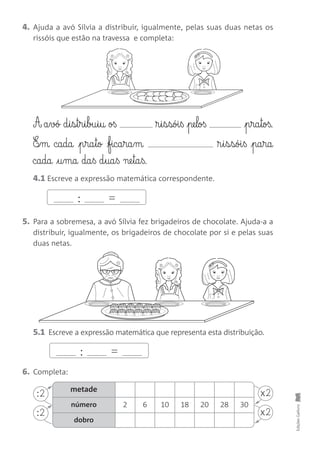 metade 1 2 3 4 5 6 7
número 2 6 10 18 20 28 30
dobro
EdiçõesGailivro
4. Ajuda a avó Sílvia a distribuir, igualmente, pelas suas duas netas os
rissóis que estão na travessa e completa:
4.1 Escreve a expressão matemática correspondente.
5. Para a sobremesa, a avó Sílvia fez brigadeiros de chocolate. Ajuda-a a
distribuir, igualmente, os brigadeiros de chocolate por si e pelas suas
duas netas.
6. Completa:
A a§vó d§i§s§t§r§i§bu§i§u oß ®§i§s§sói§ß pe§loß p§ra§toß.
E‰§m cada p§ra§to fica§ra§m ®§i§s§sói§ß pa§ra
cada u§ma da§ß d§ua§ß ne§ta§ß.
: =
: =
5.1 Escreve a expressão matemática que representa esta distribuição.
:2 x2
:2 x2
 