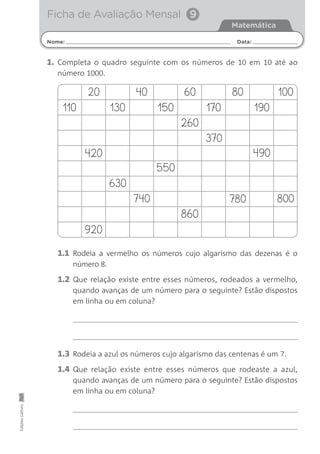 Nome: Data:
Matemática
Ficha de Avaliação Mensal 9EdiçõesGailivro
1.1 Rodeia a vermelho os números cujo algarismo das dezenas é o
número 8.
1.2 Que relação existe entre esses números, rodeados a vermelho,
quando avanças de um número para o seguinte? Estão dispostos
em linha ou em coluna?
1.3 Rodeia a azul os números cujo algarismo das centenas é um 7.
1.4 Que relação existe entre esses números que rodeaste a azul,
quando avanças de um número para o seguinte? Estão dispostos
em linha ou em coluna?
1. Completa o quadro seguinte com os números de 10 em 10 até ao
número 1000.
20
920
420
40
740
60 80
780
100
800
190
490
170
370
150
550
260
860
130
630
110
 