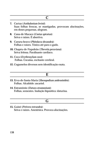 C
7. Cactus (Anthalonium levini):
Suas folhas frescas, se mastigadas, provocam alucinações,
em doses pequenas, alegram.
8. Cana-de-Macaco (Costus spicatus):
Seiva e raízes. É abortiva.
9. Caruru-bravo (Phitolacca decassdra):
Folhas e raízes. Tóxica até para o gado.
10. Chapéu-de-Napoleão (Thevetia peruviana):
Seiva leitosa. Paralisante cardíaco.
11. Coca (Erythroxylum coca):
Folhas. Cocaína, excitante cerebral.
12. Cogumelos diversos sem identificação exata.
E
13. Erva-de-Santa-Maria (Shenopodium ambrosioides):
Folhas. Alcalóide: ascariol.
14. Estramônio (Datura stramonium):
Folhas, sementes. Inalação hipnótica: daturina.
G
15. Guiné (Petivera tetrandra):
Seiva e raízes. Anestésica. Provoca alucinações.
138
 
