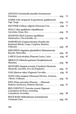 12.GENTIAN (Gentianella amarella) (Gentianaceae)
Genciana . . . . . . . . . . . . . . . . . . . . . . . . . . . . . . . . . . . . . . . . pág. 73
13.GORSE (Ulex europaeus) (Leguminosa: papilionaceae)
Tojó, Toujo. . . . . . . . . . . . . . . . . . . . . . . . . . . . . . . . . . . . . . . pág. 75
14.HEATHER (Calluna vulgaris) (Ericaceae) Urze. . . . . . . . . pág. 77
15.HOLLY (Ilex aquifolium) (Aquifoliaceae)
Azevinho, Houx, Ilex. . . . . . . . . . . . . . . . . . . . . . . . . . . . . . pág. 79
16.HONEYSUCKLE (Lonicera caprifolium)
Madressilva, Chevrefeuille, etc.. . . . . . . . . . . . . . . . . . . . . pág. 81
17.HORNBEAM (Carpinus betulus) (Família das
betulaceae) Bétula, Carpa, Carpinos, Bouleau,
Vidroeiro . . . . . . . . . . . . . . . . . . . . . . . . . . . . . . . . . . . . . . . . pág. 83
18.IMPATIENS (Impatiens glandulifera) (Balsaminaceae)
Royalei, Maravilha. . . . . . . . . . . . . . . . . . . . . . . . . . . . . . . . pág. 85
19.LARCH (Larix decidua) (Pinaceae) Lariço, Larix. . . . . . . . pág. 87
20.MIMULUS (Mimulus guttatus) (Serophulariaceae)
Mimulus. . . . . . . . . . . . . . . . . . . . . . . . . . . . . . . . . . . . . . . . . pág. 89
21.MUSTARD (Sinapsis arvensis) (Cruciferae) Mustarda,
Mostarde, Gorchita, Erva de Emplastro. . . . . . . . . . . . . . pág. 91
22.OAK (Quercus robur) (Fagaceae) Carvalho . . . . . . . . . . . . pág. 93
23.OLIVE (Olea europaea) (Oleaceaea) Oliveira, Azeitona,
Olivier, Celbaum . . . . . . . . . . . . . . . . . . . . . . . . . . . . . . . . . pág. 95
24.PINE (Pinus sylvestris) (Pinaceae — Alietaceae)
Pinheiro da Escócia, Pinheiro Silvestre . . . . . . . . . . . . . . pág. 97
25.RED CHESTNUT (Aesculus carnea) (Fagaceae)
Castanheiro de flores vermelhas,
Castanheira Vermelha. . . . . . . . . . . . . . . . . . . . . . . . . . . . . pág. 99
26.ROCK ROSE (Helianthemum nummularium)
(Cistaceae) Cisto. . . . . . . . . . . . . . . . . . . . . . . . . . . . . . . . . . . pág. 101
182
 