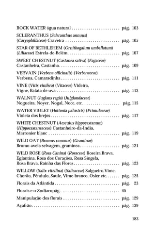 27.ROCK WATER água natural . . . . . . . . . . . . . . . . . . . . . . . pág. 103
28.SCLERANTHUS (Scleranthus annuus)
(Caryophillaceae) Craveira . . . . . . . . . . . . . . . . . . . . . . . . . . pág. 105
29.STAR OF BETHLEHEM (Ornithogalum umbellatum)
(Liliaceae) Estrela-de-Belém. . . . . . . . . . . . . . . . . . . . . . . . . pág. 107
30.SWEET CHESTNUT (Castanea sativa) (Fagaceae)
Castanheira, Castanha. . . . . . . . . . . . . . . . . . . . . . . . . . . . . pág. 109
31.VERVAIN (Verbena officinalis) (Verbenaceae)
Verbena, Camaradinha . . . . . . . . . . . . . . . . . . . . . . . . . . . . pág. 111
32.VINE (Vitis vinifera) (Vitaceae) Videira,
Vigne, Batata de uva . . . . . . . . . . . . . . . . . . . . . . . . . . . . . . pág. 113
33.WALNUT (Juglans regia) (Julglandaceae)
Nogueira, Noyer, Nogal, Noce, etc. . . . . . . . . . . . . . . . . . pág. 115
34.WATER VIOLET (Hottonia palustris) (Primulaceae)
Violeta dos brejos . . . . . . . . . . . . . . . . . . . . . . . . . . . . . . . . . pág. 117
35.WHITE CHESTNUT (Aesculus hippocastanum)
(Hippocastaneaceae) Castanheiro-da-Índia,
Marronier blanc . . . . . . . . . . . . . . . . . . . . . . . . . . . . . . . . . . pág. 119
36.WILD OAT (Bromus ramosus) (Graminae)
Bromo-aveia selvagem, gramínea . . . . . . . . . . . . . . . . . . . pág. 121
37.WILD ROSE (Rosa Canina) (Rosaceae) Roseira Brava,
Eglantina, Rosa dos Corações, Rosa Singela,
Rosa Brava, Rainha das Flores. . . . . . . . . . . . . . . . . . . . . . pág. 123
38.WILLOW (Salix vitellina) (Salicaceae) Salgueiro,Vime,
Chorão, Pêndulo, Saule, Vime-branco, Osier etc.. . . . . . pág. 125
39.Florais da Atlântida . . . . . . . . . . . . . . . . . . . . . . . . . . . . . . . pág. 23
40.Florais e o Zodíacopág. . . . . . . . . . . . . . . . . . . . . . . . . . . . 45
41.Manipulação dos florais . . . . . . . . . . . . . . . . . . . . . . . . . . . pág. 129
43.Açafrão. . . . . . . . . . . . . . . . . . . . . . . . . . . . . . . . . . . . . . . . . . pág. 139
183
 
