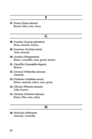 F
47. Frésia (Fresia refracta):
Branca, lilás, roxa, rósea.
G
48. Gazânia (Gazania splendens):
Roxa, amarela, branca.
49. Genciana (Gentiana lutea):
Azul, amarela.
50. Gerânio (Pelargomium):
Róseo, vermelho, roxo, grená, branco.
51. Gipsófila (Gypsophila elegans):
Branca.
52. Girassol (Helianthus annuus):
Amarelo.
53. Gladíolos (Gladiolos nanus):
Róseo, amarelo, rubro, roxo, grená.
54. Glicínia (Wistaria sinensis):
Lilás, branca.
55. Gloxínia (Gloxinia tuberosa):
Rósea, lilás, roxa, rubra.
H
56. Helicônia (Heliconia):
Amarela, vermelha.
32
 