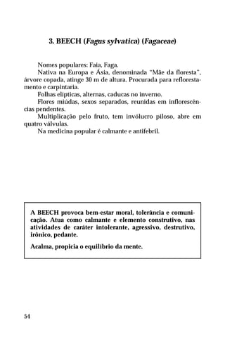 3. BEECH (Fagus sylvatica) (Fagaceae)
Nomes populares: Faia, Faga.
Nativa na Europa e Ásia, denominada “Mãe da floresta”,
árvore copada, atinge 30 m de altura. Procurada para refloresta-
mento e carpintaria.
Folhas elípticas, alternas, caducas no inverno.
Flores miúdas, sexos separados, reunidas em inflorescên-
cias pendentes.
Multiplicação pelo fruto, tem invólucro piloso, abre em
quatro válvulas.
Na medicina popular é calmante e antifebril.
A BEECH provoca bem-estar moral, tolerância e comuni-
cação. Atua como calmante e elemento construtivo, nas
atividades de caráter intolerante, agressivo, destrutivo,
irônico, pedante.
Acalma, propicia o equilíbrio da mente.
54
 