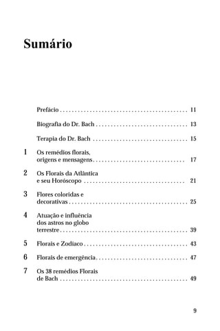 Sumário
Prefácio . . . . . . . . . . . . . . . . . . . . . . . . . . . . . . . . . . . . . . . . . . . 11
Biografia do Dr. Bach . . . . . . . . . . . . . . . . . . . . . . . . . . . . . . . 13
Terapia do Dr. Bach . . . . . . . . . . . . . . . . . . . . . . . . . . . . . . . . 15
1 Os remédios florais,
origens e mensagens. . . . . . . . . . . . . . . . . . . . . . . . . . . . . . . 17
2 Os Florais da Atlântica
e seu Horóscopo . . . . . . . . . . . . . . . . . . . . . . . . . . . . . . . . . . 21
3 Flores coloridas e
decorativas . . . . . . . . . . . . . . . . . . . . . . . . . . . . . . . . . . . . . . . . 25
4 Atuação e influência
dos astros no globo
terrestre . . . . . . . . . . . . . . . . . . . . . . . . . . . . . . . . . . . . . . . . . . . 39
5 Florais e Zodíaco . . . . . . . . . . . . . . . . . . . . . . . . . . . . . . . . . . . 43
6 Florais de emergência. . . . . . . . . . . . . . . . . . . . . . . . . . . . . . . 47
7 Os 38 remédios Florais
de Bach . . . . . . . . . . . . . . . . . . . . . . . . . . . . . . . . . . . . . . . . . . . 49
9
 