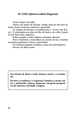 22. OAK (Quercus robur) (Fagaceae)
Nome vulgar: Carvalho.
Nativo nas matas da Europa. Atinge mais de mil anos de
idade, fornece madeira resistente e apreciada.
Os antigos da Europa o consideravam a “árvore dos deu-
ses”. É aclimatado nos solos do Rio de Janeiro até o Rio Grande
do Sul. Porte alto, majestoso.
Folhas simples, verdes elípticas, dentadas, alternas.
Flores femininas e masculinas na mesma árvore, reunidas
em hastes pendentes. O fruto é uma bolota.
Na medicina popular as folhas e cascas são adstringentes.
Floresce de abril a maio.
Nos Florais de Bach o OAK reforça a mente e a resistên-
cia.
Favorece a confiança e a esperança. Fortalece a mente con-
tra a melancolia, tristeza, depressão. Desperta perspecti-
vas de interesse, atividade, coragem.
92
 