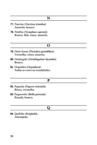 N
77. Narciso (Narcisus triandus):
Amarelo, branco.
78. Ninféia (Nymphaea capensis):
Branca, lilás, rósea, amarela.
O
79. Onze-horas (Portulaca grandiflora):
Vermelha, rósea, amarela.
80. Ornitogalo (Ornithogalum thysoides):
Branca.
81. Orquídea (Orquidacea):
Todas as cores ou tonalidades.
P
82. Papoula (Papaver orientale):
Rósea, vermelha.
83. Paquerette (Bellis perennis):
Rosada, branca.
Q
84. Quifólia (Knipholia):
Alaranjada.
36
 