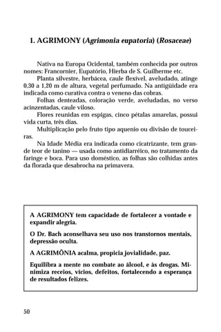 1. AGRIMONY (Agrimonia eupatoria) (Rosaceae)
Nativa na Europa Ocidental, também conhecida por outros
nomes: Francornier, Eupatório, Hierba de S. Guilherme etc.
Planta silvestre, herbácea, caule flexível, aveludado, atinge
0,30 a 1,20 m de altura, vegetal perfumado. Na antigüidade era
indicada como curativa contra o veneno das cobras.
Folhas denteadas, coloração verde, aveludadas, no verso
acinzentadas, caule viloso.
Flores reunidas em espigas, cinco pétalas amarelas, possui
vida curta, três dias.
Multiplicação pelo fruto tipo aquenio ou divisão de toucei-
ras.
Na Idade Média era indicada como cicatrizante, tem gran-
de teor de tanino — usada como antidiarréico, no tratamento da
faringe e boca. Para uso doméstico, as folhas são colhidas antes
da florada que desabrocha na primavera.
A AGRIMONY tem capacidade de fortalecer a vontade e
expandir alegria.
O Dr. Bach aconselhava seu uso nos transtornos mentais,
depressão oculta.
A AGRIMÔNIA acalma, propicia jovialidade, paz.
Equilibra a mente no combate ao álcool, e às drogas. Mi-
nimiza receios, vícios, defeitos, fortalecendo a esperança
de resultados felizes.
50
 