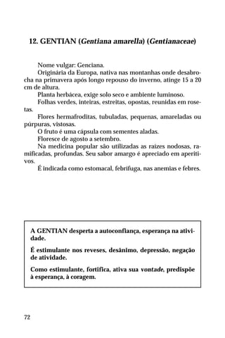 12. GENTIAN (Gentiana amarella) (Gentianaceae)
Nome vulgar: Genciana.
Originária da Europa, nativa nas montanhas onde desabro-
cha na primavera após longo repouso do inverno, atinge 15 a 20
cm de altura.
Planta herbácea, exige solo seco e ambiente luminoso.
Folhas verdes, inteiras, estreitas, opostas, reunidas em rose-
tas.
Flores hermafroditas, tubuladas, pequenas, amareladas ou
púrpuras, vistosas.
O fruto é uma cápsula com sementes aladas.
Floresce de agosto a setembro.
Na medicina popular são utilizadas as raízes nodosas, ra-
mificadas, profundas. Seu sabor amargo é apreciado em aperiti-
vos.
É indicada como estomacal, febrífuga, nas anemias e febres.
A GENTIAN desperta a autoconfiança, esperança na ativi-
dade.
É estimulante nos reveses, desânimo, depressão, negação
de atividade.
Como estimulante, fortifica, ativa sua vontade, predispõe
à esperança, à coragem.
72
 