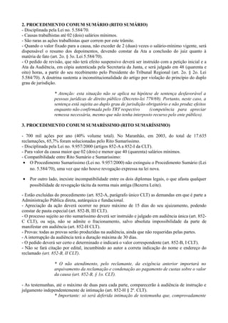 2. PROCEDIMENTO COMUM SUMÁRIO (RITO SUMÁRIO)
- Disciplinada pela Lei no. 5.584/70.
- Causas trabalhistas até 02 (dois) salários mínimos.
- São raras as ações trabalhistas quer correm por este trâmite.
- Quando o valor fixado para a causa, não exceder de 2 (duas) vezes o salário-mínimo vigente, será
dispensável o resumo dos depoimentos, devendo constar da Ata a conclusão do juiz quanto à
matéria de fato (art. 2o. § 3o. Lei 5.584/70).
- O pedido de revisão, que não terá efeito suspensivo deverá ser instruído com a petição inicial e a
Ata da Audiência, em cópia autenticada pela Secretaria da Junta, e será julgado em 48 (quarenta e
oito) horas, a partir do seu recebimento pelo Presidente do Tribunal Regional (art. 2o. § 2o. Lei
5.584/70). A doutrina sustenta a inconstitucionalidade do artigo por violação do princípio do duplo
grau de jurisdição.
* Atenção: esta situação não se aplica na hipótese de sentença desfavorável a
pessoas jurídicas de direito público (Decreto-lei 779/69). Portanto, neste caso, a
sentença está sujeita ao duplo grau de jurisdição obrigatório e não produz efeitos
enquanto não confirmada pelo TRT respectivo (competência para apreciar
remessa necessária, mesmo que não tenha interposto recurso pelo ente público).
3. PROCEDIMENTO COMUM SUMARÍSSIMO (RITO SUMARÍSSIMO)
- 700 mil ações por ano (40% volume total). No Maranhão, em 2003, do total de 17.635
reclamações, 65,7% foram solucionadas pelo Rito Sumaríssimo.
- Disciplinada pela Lei no. 9.957/2000 (artigos 852-A a 852-I da CLT).
- Para valor da causa maior que 02 (dois) e menor que 40 (quarenta) salários mínimos.
- Compatibilidade entre Rito Sumário e Sumaríssimo:
• O Procedimento Sumaríssimo (Lei no. 9.957/2000) não extinguiu o Procedimento Sumário (Lei
no. 5.584/70), uma vez que não houve revogação expressa na lei nova.
• Por outro lado, inexiste incompatibilidade entre os dois diplomas legais, o que afasta qualquer
possibilidade de revogação tácita da norma mais antiga (Bezerra Leite).
- Estão excluídas do procedimento (art. 852-A, parágrafo único CLT) as demandas em que é parte a
Administração Pública direta, autárquica e fundacional.
- Apreciação da ação deverá ocorrer no prazo máximo de 15 dias do seu ajuizamento, podendo
constar de pauta especial (art. 852-B, III CLT).
- O processo sujeito ao rito sumaríssimo deverá ser instruído e julgado em audiência única (art. 852-
C CLT), ou seja, não se admite o fracionamento, salvo absoluta impossibilidade da parte de
manifestar em audiência (art. 852-H CLT).
- Provas: todas as provas serão produzidas na audiência, ainda que não requeridas pelas partes.
- A interrupção da audiência terá a duração máxima de 30 dias.
- O pedido deverá ser certo e determinado e indicará o valor correspondente (art. 852-B, I CLT).
- Não se fará citação por edital, incumbindo ao autor a correta indicação do nome e endereço do
reclamado (art. 852-B, II CLT).
* O não atendimento, pelo reclamante, da exigência anterior importará no
arquivamento da reclamação e condenação ao pagamento de custas sobre o valor
da causa (art. 852-B, § 1o. CLT).
- As testemunhas, até o máximo de duas para cada parte, comparecerão à audiência de instrução e
julgamento independentemente de intimação (art. 852-H § 2º. CLT).
* Importante: só será deferida intimação de testemunha que, comprovadamente
 