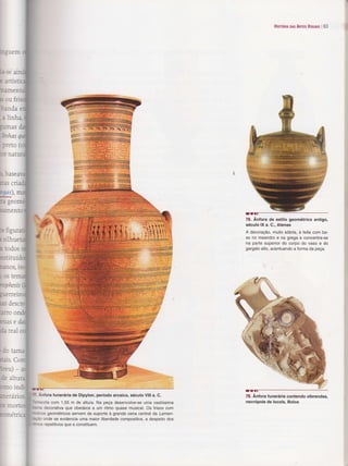 Hrsrónrn om ARrrs Vrsunls I 63
                                                                                                                                         i$




mguem


ia-se ai
e artist
namen
ls ou
    banda
    a linha,
,
                                    :--
gumas                               ã
,linhas
Lpreto (                              a:..
                                      . ':'l
                                      ):.' a,-
:or natu


o,

lras
     baseav                            +
                                      ,+-

'@,
ra geo
samento
                                                                                          78. Anfora de estilo geométrico antigo,
                                                                                          século lX a. C., Atenas
rs figura             'lf                                                                 A decoração, muìÌo sóbria, é Íeita com ba-
                     lt..                                                                 se no meandro e na grega e concentra-se
s   silhu                                                                                 na parte superior do corpo do vaso e do
                 e
n todos                                                                                   gargalo alto, acentuando a Íorma da peça.
                      -:i
nstituí

LOSt
vophesis
guerrel
tas deSC
ãÌTO On
tnas     e

rda   real


rdota
rtais.
Ìreu) -
 de aÌtur

               frfi. Ànfora Íunerária de Dipylon, período arcaico, século Vlll a. C.
NÌCIAIl                                                                                   79. Ânfora funerária contendo oferendas,
                            com 1,55 m de aìtura. Na peça desenvolve-se uma vastíssima    necrópole de locols, Bolos
os    moÍt     ïtffinã decoratÌva que obedece a um ritmo quase musical. Os frìsos com
               runr'::cs geométricos sêrvem de suporte à grande cena central da Lamen-
eométri
               l[úüã: onde se evidencìa uma maior liberdade compositiva, a despeito dos
                     s repetitivos que a constituem.
 