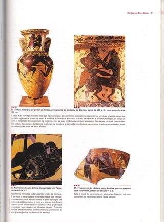 HtsróRn om Anres Vrsunrs I 67




   Ânfora funerária do pintor de Nettos, proveniente da acÍópole de Dipylon, cerca de 630 a. C., com uma altura de
Bii.
'22 cm
r   ceça é do começo do estilo ático das figuras negras. Os elementos dêcorativos organizam-se em duas grandes cenas que
:':upamogargaloeobojodovaso.Atemáticaómitológica: emcima,oduelodeHerácleseocentauroNesso; nocorpodo
.aso, a descrição do assassinato da Górgona, com as suas irmãs perseguindo o assassino. Nas pegas ou alças foram inseri-
r:s corpos de pássaros fantásticos. A técnica da incisão e a da grafita contribuíram para animar e dar expressividade a estas
':oresentações ainda de estilo arcaico.




86, Pormenor de uma ânÍora ática pintada por Psiax,                 8?. Fragmenlo de cântaro com Aquiles que se prepara
Õerca de 525 a. C.                                                  para o combate, datado do século Vl a. C.
ìepresenta Héracles estrangulando o leão da Nemeia.                  Este é obra do ceramógrafo ateniense Nearco, um dos
  de notar a naturalidade e expressividade das Íormas,              expoentes da cerâmica artística deste período.
=
:nriquecidas pelos traços incisos e pela aplicação de
:ores subsidiárias como o roxo e o branco que foram
rsadas com sobriedade e acentuaram a poderosa
 rpressão que causam as silhuetas negras. O pintor
lenota extraordinários conhecimentos anatómicos e
.ma grande perícia no desenho do escorço.
 