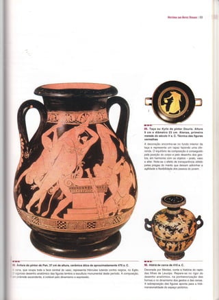 Hrsrónn ors Anrrs Vrsunrs i 69




                                                                                                    89. Taça ou KylÌx do pintor Douris. Altura
                                                                                                    I   cm e diâmetro 23 cm. Atenas, primeira
                                                                                                    metade do século V a, C. Técnica das Íiguras
                                                                                                    vermelhas
                                                                                                    A decoração encontra-se no fundo interioÍ da
                                                                                                    taça e representa um rapaz fazendo uma ofe-
                                                                                                    renda. O equilÍbrio da composição é conseguido
                                                                                                    pela posição do corpo e pelo desenho dos ges-
                                                                                                    tos, em harmonia com os objetos - pralo, vaso
                                                                                                    e altar. Note-se o efeito de transparência obtido
                                                                                                    pelas pregas do manto que deixam adivinhar a
                                                                                                    agilidade e Ílexibiìidade dos passos do jovem.




                                                                 lú


                                                                  i!




 Anfora do pintoÍ de Pan, 37 cm de altura, cerâmica ática de aproximadamente 470 a. C.              gO.   Hídilade cerca de 410 a. C.
:ena, que ocupa toda a Íace central do vaso, representa Hércules lutando conÌra negros, no Egito.   Decorada por Meidas, conta a hisÌória do rapto
 goroso desenho anatómico das figuras lembra a escultura monumental desÌe período. A composiçào,    das filhas de Leucipo. Repare-se no rigor do
- :irâmìde ascendente, é notável pelo dÍnamismo e expressão.                                        desenho anaÌómico, na pormenorização das
                                                                                                    Íormas e no dinamismo dos gestos e das cenas.
                                                                                                    A sobreposição das Íiguras aponta para a tridi-
                                                                                                    mensionalidade do espaço pictórico.
 