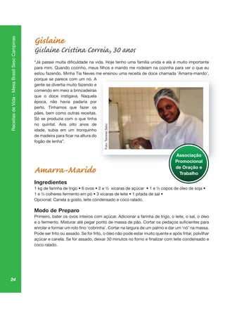 24
ReceitasdeVida-MesaBrasilSescCampinas
Gislaine
Gislaine Cristina Correia, 30 anos
estou fazendo. Minha Tia Neves me ensinou uma receita de doce chamada ‘Amarra-marido’,
porque se parece com um nó. A
gente se divertia muito fazendo e
comendo em meio a brincadeiras
que o doce instigava. Naquela
época, não havia padaria por
perto. Tínhamos que fazer os
pães, bem como outras receitas.
Só se produzia com o que tinha
no quintal. Aos oito anos de
idade, subia em um tronquinho
fogão de lenha”.
Amarra-Marido
Ingredientes
Opcional: Canela a gosto, leite condensado e coco ralado.
Modo de Preparo
Primeiro, bater os ovos inteiros com açúcar. Adicionar a farinha de trigo, o leite, o sal, o óleo
Pode ser frito ou assado. Se for frito, o óleo não pode estar muito quente e após fritar, polvilhar
coco ralado.
Associação
Promocional
de Oração e
Trabalho
Foto:TamiresSahú
 