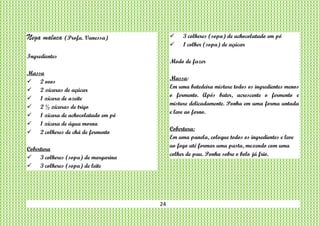 24
Nega maluca (Profa. Vanessa)
Ingredientes
Massa
 2 ovos
 2 xícaras de açúcar
 1 xícara de azeite
 2 ½ xícaras de trigo
 1 xícara de achocolatado em pó
 1 xícara de água morna
 2 colheres de chá de fermento
Cobertura
 3 colheres (sopa) de margarina
 3 colheres (sopa) de leite
 3 colheres (sopa) de achocolatado em pó
 1 colher (sopa) de açúcar
Modo de fazer
Massa:
Em uma batedeira misture todos os ingredientes menos
o fermento. Após bater, acrescente o fermento e
misture delicadamente. Ponha em uma forma untada
e leve ao forno.
Cobertura:
Em uma panela, coloque todos os ingredientes e leve
ao fogo até formar uma pasta, mexendo com uma
colher de pau. Ponha sobre o bolo já frio.
 