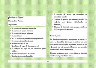 45
Cookies de Natal
(Profa. Ana Paula)
Ingredientes
 2 xícaras de manteiga amolecida
 2 xícaras de açúcar mascavo
 2 xícaras de açúcar refinado
 4 ovos inteiros
 4 e ½ xícaras de farinha de trigo peneirada
 4 xícaras de farinha de aveia
 1 colher de café de sal
 2 colheres de sopa de fermento em pó
 2 colheres de sopa de sal amoníaco (não
sódico)
 1 colher de sopa rasa de canela
 1 colher de sopa de baunilha
 2 xícaras de nozes, ou castanhas ou
amendoins picados
 1 xícara de passas ou ameixas picadas (se
preferir, usar frutas cristalizadas ou
damasco)
 2 barras de chocolate meio amargo picado, ou
200g de gotas de chocolate
Modo de fazer
Na batedeira misturar a margarina, o açúcar, os
ovos e a baunilha. Despejar a mistura em uma
tijela funda e acrescentar a farinha, a aveia, o sal,
o fermento e o sal amoníco. Amassar com as mãos
até obter uma massa homogênea.
Misturar as frutas secas e, por último, o chocolate
picado. Incorporar bem à massa.
 