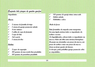 69
Empada três pingos de quatro queijos
Ingredientes
Massa
 2 xícaras de farinha de trigo
 1 xícara de queijo parmesão ralado
 4 ovos inteiros
 1 colher de sopa de fermento
 1 copo de leite
 Sal a gosto
 1 xícara de óleo
Recheio
 2 copos de requeijão
 100 gramas de mussarela bem picadinha
 100 gramas de provolone picadinho
 150 gramas de queijo minas amassado
 Cebola ralada
 Cebolinha e salsa
Modo de fazer
Unte forminhas de empada como margarina.
Em uma tigela misture todos os ingredientes do
recheio e reserve.
No liquidificador, colocar todos os ingredientes na
massa e bater até obter uma mistura homogênea.
Despejar nas forminhas um pouco da massa, um
pouco do recheio e mais um pouco da massa.
Levar ao forno quente até dourar.
Se desejar, pode polvilhar queijo parmesão sobre
as empadinhas.
 