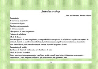 79
Rocambole do abraço
Dica da Benzona, Rosana e Celita
Ingredientes
4 xícaras de sinceridade
2 xícaras de doçura
2 tabletes de fraternidade
½ litro de amizade
1 boa porção de amor ao próximo
1 pitada de tolerância
Modo de fazer
Uma boa porção de amor ao próximo, acompanhada de uma pitada de tolerância e regada com um litro de
amizade. Tudo isso servido com um tablete de fraternidade de adoçado com uma xícara de sinceridade.
Leve a mistura ao forno em tabuleiro bem untado, enquanto prepara o recheio.
Ingredientes do recheio
2 colheres de chocolate misturadas com 4 colheres de nata
Modo de fazer o rocambole
Vire a massa sobre um pano úmido, espal;he o recheio e enrole num abraço. Cubra com creme de paz e
compreensão e corte em fatias saborosas que você dividirá com quem você ama.
 
