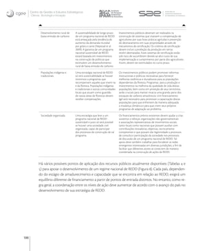 Centro de Gestão e Estudos Estratégicos
      Ciência, Tecnologia e Inovação




              Desenvolvimento rural de   A sustentabilidade de longo prazo      Investimentos públicos deveriam ser realizados na
              baixa emissão de carbono   de um programa nacional de REDD        construção de sistemas que visassem a compensação de
                                         está ameaçada pela tendência de        agricultores por suas boas práticas agrícolas e prevenção
                                         aumento da demanda mundial             do desmatamento em suas propriedades através de
                                         por grãos e carne (Nepstad et al.      mecanismos de certiﬁcação. Os critérios de certiﬁcação
                                         2009). A garantia de um programa       devem incluir a proibição da produção em terras
                                         nacional sustentável de REDD           recém-desmatadas. Estes sistemas de certiﬁcação estão
                                         estará baseada em investimentos        sob risco de sucumbirem devido ao alto custo de sua
                                         na construção de políticas que         implementação e cumprimento por parte dos agricultores.
                                         estimulem um desenvolvimento           Assim, devem ser estimulados no curto prazo.
                                         rural de baixa emissão de carbono.

              Populações indígenas e     Uma estratégia nacional de REDD        Os investimentos públicos podem promover reformas
              tradicionais               só terá sustentabilidade se houver     institucionais e políticas necessárias para fornecer
                                         incentivos a programas que             melhorias sistêmicas e duradouras para as populações
                                         recompensem aqueles que vivem na       dependentes da ﬂoresta. Programas para a produção e
                                         e da ﬂoresta. Populações indígenas     investimentos na melhoria da qualidade de vida destas
                                         e tradicionais e outras comunidades    populações, bem como em proteção de seus territórios,
                                         locais que atuam como guardiãs         serão cruciais para manter intacta uma grande parte dos
                                         de vastas áreas de ﬂorestas devem      estoques de carbono amazônicos. Um ﬁnanciamento
                                         receber compensações.                  ágil será necessário para promover a capacitação destas
                                                                                populações para que enfrentem de maneira adequada
                                                                                a mudança climática e para que criem seus próprios
                                                                                programas de adaptação ao problema.

              Sociedade organizada       Uma estratégia que leve a um           Os ﬁnanciamentos prévios existentes devem ajudar a criar,
                                         programa nacional de REDD              sustentar e reforçar organizações não-governamentais
                                         sustentável e justo só será possível   e associações representativas de movimentos sociais
                                         se houver uma sociedade civil          tanto locais como nacionais que possam auxiliar com
                                         organizada, capaz de participar        contribuições inovadoras, objetivas, tecnicamente
                                         dos processos de construção de tal     competentes e que possam dar legitimidade a processos
                                         programa.                              de consulta e participação da sociedade nos processos
                                                                                de discussão de um programa nacional de REDD. Tal
                                                                                apoio deve também trabalhar para fortalecer as redes
                                                                                emergentes interessadas em diversas jurisdições, a ﬁm de
                                                                                facilitar que diferentes atores se conectem de maneira
                                                                                coordenada na construção de ações de REDD.



            Há vários possíveis pontos de aplicação dos recursos públicos atualmente disponíveis (Tabelas  e
            ) para apoiar o desenvolvimento de um regime nacional de REDD (Figura ). Cada país, dependen-
            do do estágio de amadurecimento e capacidade que se encontra em relação ao REDD, exigirá um
            equilíbrio diferente de ﬁnanciamento a partir de pontos de entrada distintos. No entanto, como re-
            gra geral, a coordenação entre os níveis de ação deve aumentar de acordo com o avanço do país no
            desenvolvimento de sua estratégia de REDD.




100
 