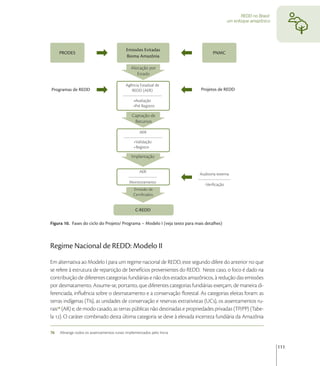 REDD no Brasil:
                                                                                            um enfoque amazônico




Figura 10. Fases do ciclo do Projeto/ Programa – Modelo I (veja texto para mais detalhes)



Regime Nacional de REDD: Modelo II
Em alternativa ao Modelo I para um regime nacional de REDD, este segundo difere do anterior no que
se refere à estrutura de repartição de benefícios provenientes do REDD. Neste caso, o foco é dado na
contribuição de diferentes categorias fundiárias e não dos estados amazônicos, à redução das emissões
por desmatamento. Assume-se, portanto, que diferentes categorias fundiárias exerçam, de maneira di-
ferenciada, inﬂuência sobre o desmatamento e a conservação ﬂorestal. As categorias eleitas foram: as
terras indígenas (TIs), as unidades de conservação e reservas extrativistas (UCs), os assentamentos ru-
rais (AR) e, de modo casado, as terras públicas não destinadas e propriedades privadas (TP/PP) (Tabe-
la ). O caráter combinado desta última categoria se deve à elevada incerteza fundiária da Amazônia

76   Abrange todos os assentamentos rurais implementados pelo Incra


                                                                                                                     111
 