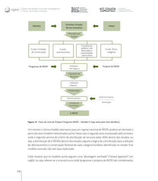 Centro de Gestão e Estudos Estratégicos
      Ciência, Tecnologia e Inovação




                                                                   Fundoterras
                Fundo Unidades               Fundo                 públicas não             Fundo Terras
                                                                   destinadas e
                 de Conservação          assentamentos             propriedades               Indígenas
                                                                    particulares




            Figura 12. Fases do ciclo do Projeto/ Programa REDD – Modelo II (veja texto para mais detalhes).


            Um terceiro e último modelo alternativo para um regime nacional de REDD, poderia ser derivado a
            partir dos dois modelos mencionados acima. Neste caso o segundo seria incorporado pelo primeiro,
            onde o segundo serviria de critério de distribuição de recursos pelas AERs dentro dos estados, ou
            seja, a distribuição de C-REDDs dentro dos estados seguiria a lógica da contribuição para a redução
            do desmatamento e conservação ﬂorestal de cada categoria fundiária identiﬁcada no estado. Este
            modelo, contudo, não será aqui explicitado.

            Cabe ressaltar que os modelos acima seguem uma “abordagem aninhada” (“nested approach”, em
            inglês), ou seja, referem-se a uma estrutura onde programas e projetos de REDD são compensados,


116
 