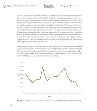 Centro de Gestão e Estudos Estratégicos
     Ciência, Tecnologia e Inovação




           realizados pelo Prodes, atingindo . km, com uma emissão estimada de  milhões de tonela-
           das de carbono. A despeito da inﬂuência da diminuição dos preços da soja e da carne, entre  e
           , empurrando para baixo a taxa de desmatamento na Amazônia (Nepstad et al, ), o des-
           matamento nesse período foi reduzido em  abaixo da média histórica (. km) devido a
           intervenções eﬁcazes do governo brasileiro (Nepstad et al. , Soares Filho et al, ). Por exem-
           plo, em  e , o governo brasileiro criou . km de novas áreas protegidas na Amazô-
           nia, principalmente na região sob desmatamento ativo (ver seção anterior). A criação dessas áreas
           foi fortemente facilitada pelo apoio político das organizações de pequenos agricultores, evitando a
           emissão de milhões de toneladas de carbono (Campos & Nepstad ). Essa redução recente nas
           taxas de desmatamento, contudo, pode não representar uma redução proporcional na emissão as-
           sociada de carbono, pois o desmatamento está ocorrendo em áreas de ﬂoresta mais densa do que
           aquele registrado no passado (Tollefson, ).

           De fato, entre -, o país deixou de emitir quase um bilhão de toneladas de carbono devido à
           queda nas taxas de desmatamento amazônico, um valor equivalente a  dos esforços de redução
           do Protocolo de Quioto (cerca de  bilhões de toneladas). Esta redução indica ainda o quanto o Bra-
           sil, se assim desejar, poderá se beneﬁciar de mecanismos de compensação por redução de emissões,
           como o REDD, por meio de acordos internacionais multilaterais.


                  35.000


                  30.000


                  25.000
            Km2




                  20.000


                  15.000


                  10.000


                   5.000


                      0
                           89   90    91   92   93   94   95   96   97   98    99   00   01   02   03   04   05   06   07   08   09   10

                                                                         Ano

           Figura 2. Taxa de Desmatamento na Amazônia Brasileira no período de 1988 a 2010 (km2/ano). Fonte: Prodes 2010.

36
 